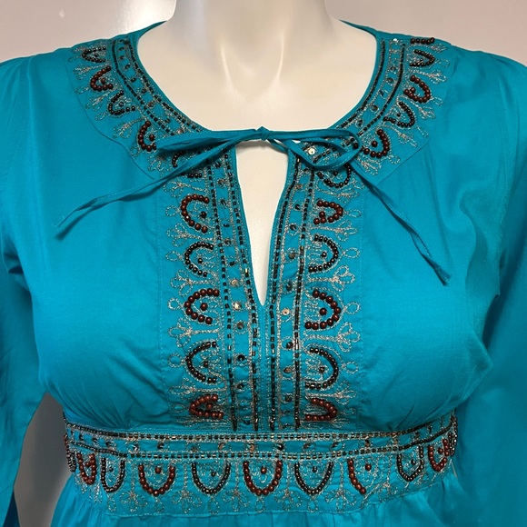 BCIH Boho Tunic Top Beaded Sequins Embellished Blue Hippie Festival Fairy Y2K LG - Picture 4 of 13